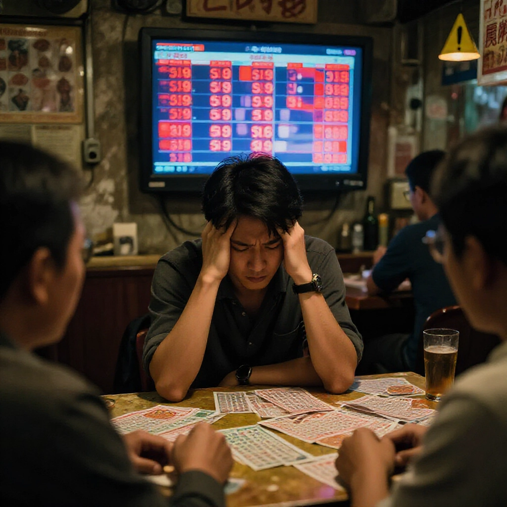 沮喪的玩家在昏暗台灣地下樂透窟盯著螢幕，顯示被擋的539號碼與紅色警告，桌上散亂投注單，氣氛超緊張