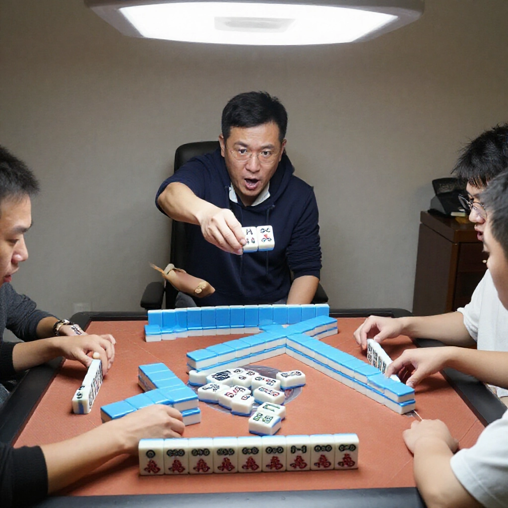 麻將桌緊張場面，上家丟三筒，下家喊碰揭刻子，對家伸手想吃順子，燈光照亮優先順序，玩家表情驚訝無奈，互動細膩