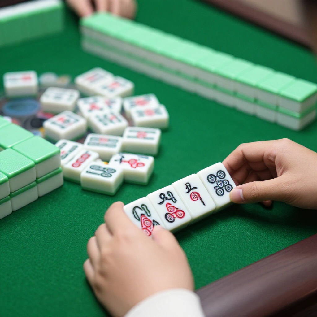 closeup of mahjong tiles being sorted players removing wan tiles from 2 to 8 leaving only 1 and 9 wan suits tubes bars honors organized stacks on green felt table soft natural light highlighting removed cards