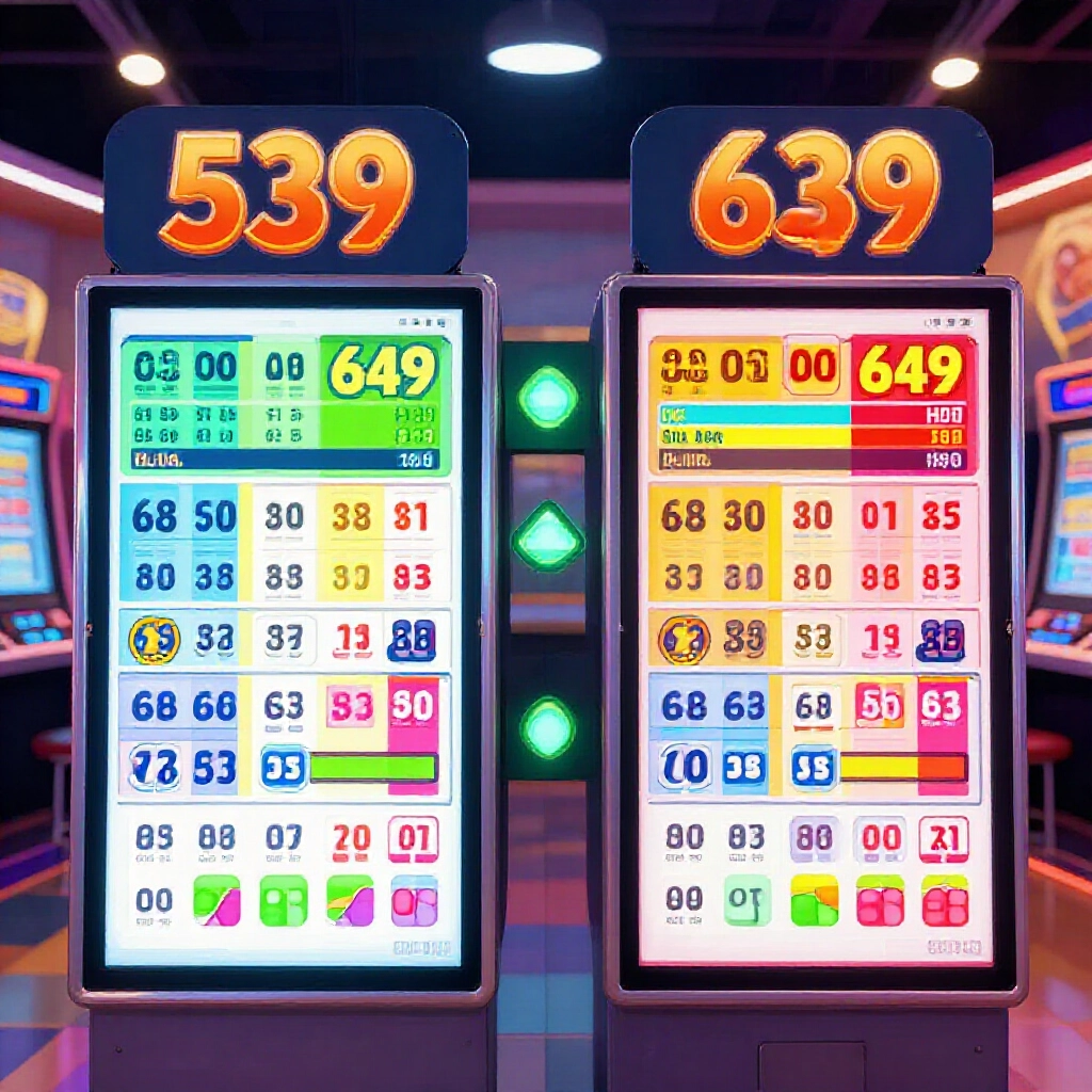 今彩539跟大樂透649彩券並排比較，同中三碼獎金與機率對照，投注站燈光下鮮豔色塊突顯差異