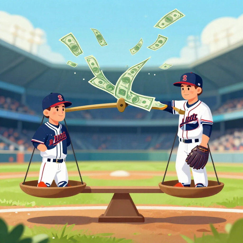 balance scale illustration featuring strong baseball team low odds side heavy with bets against weak team high odds side with flowing cash streams in stadium atmosphere