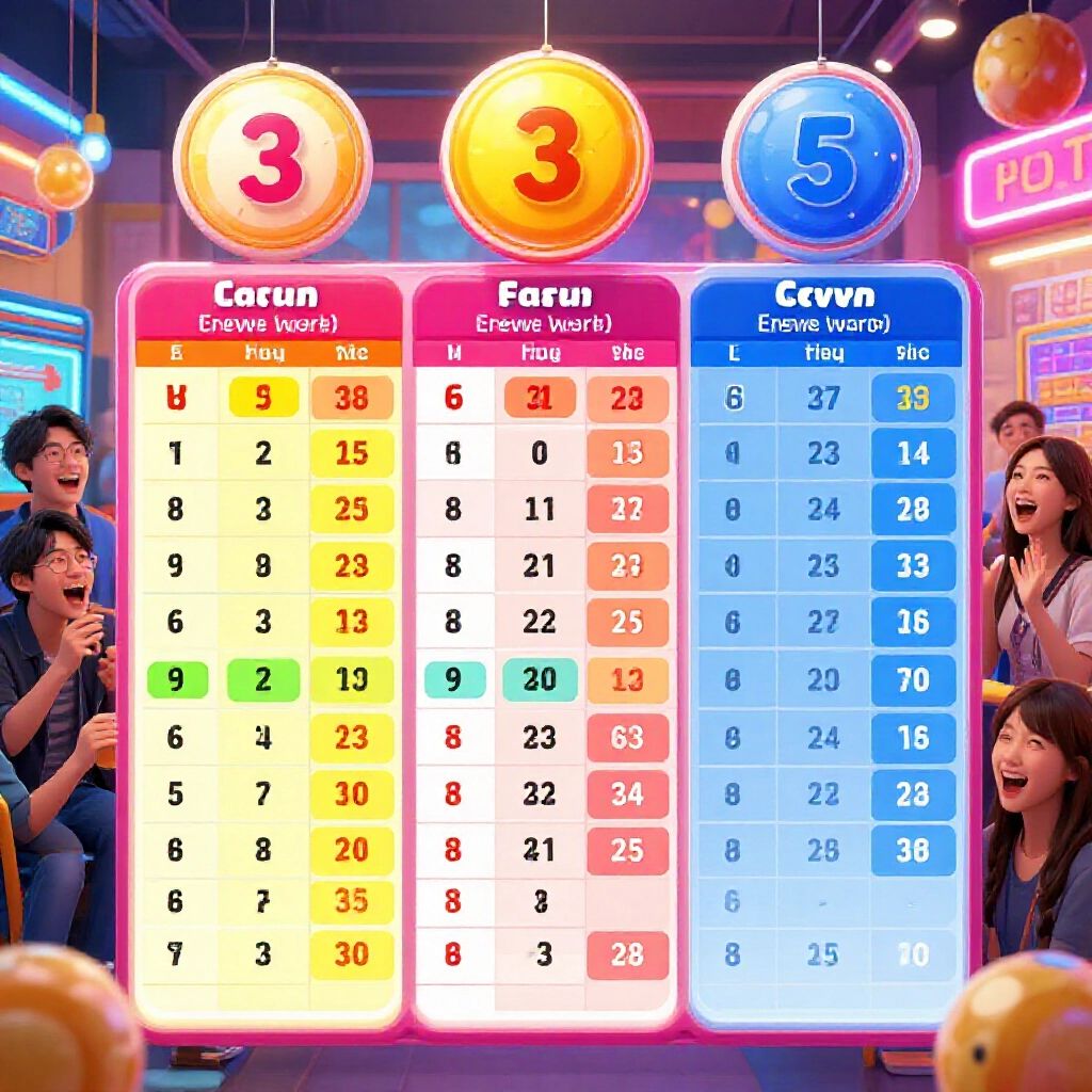 彩色資訊圖表顯示彩票三星連碰與柱碰玩法,包含賠率表與成本細分,周圍台灣玩家在熱鬧投注店內興奮討論