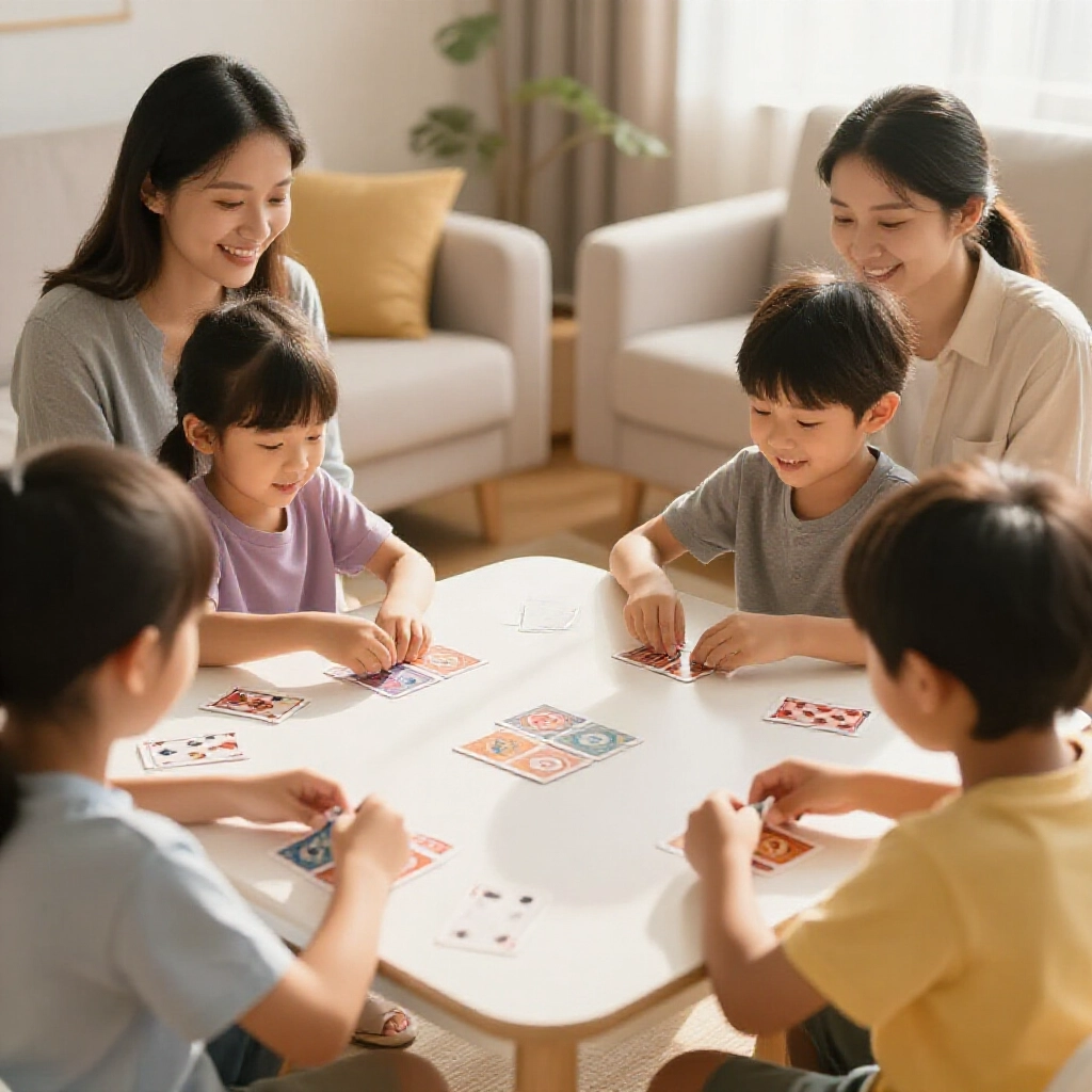 一家人圍坐在溫暖客廳的小桌前，孩子和爸媽玩簡單撲克牌遊戲，桌上散滿彩色牌面，專注數字和花色，沐浴在柔和晨光中