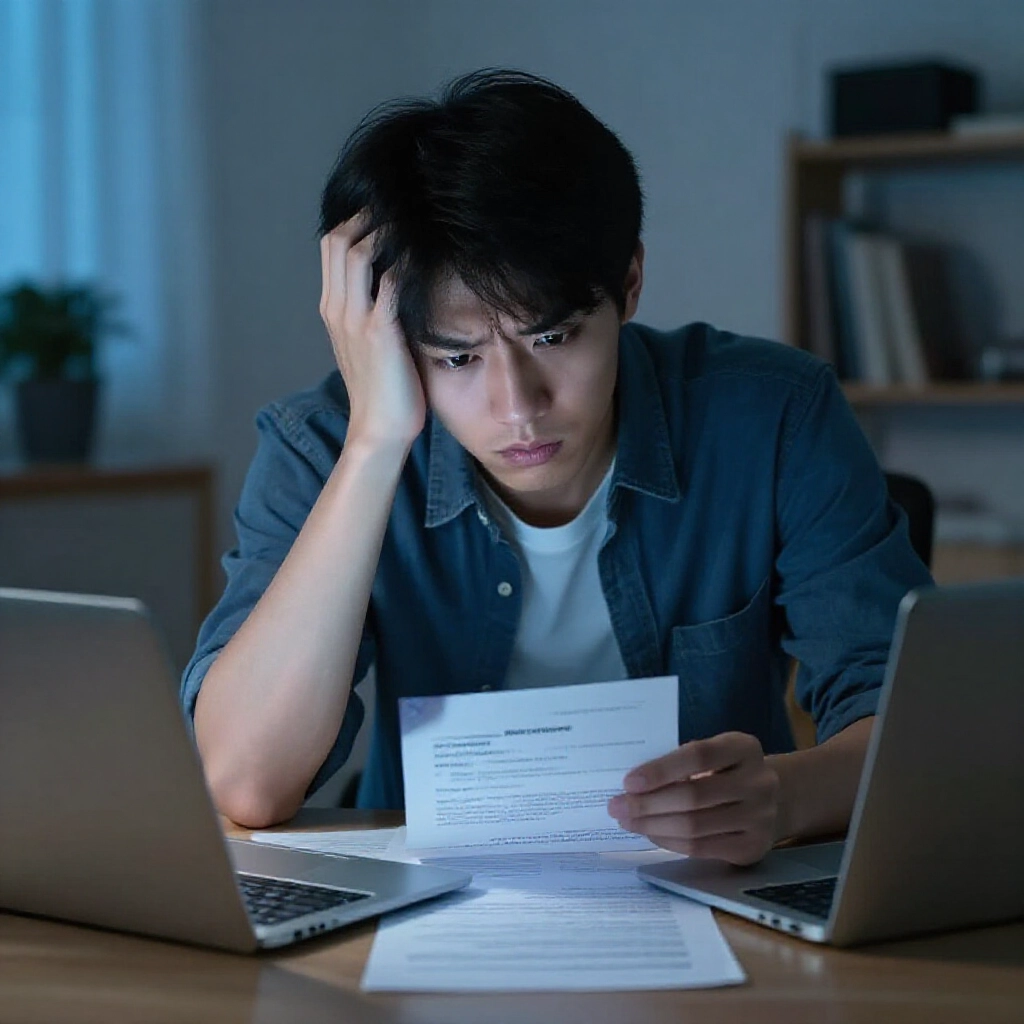 台灣年輕男子在家暗光辦公室,盯著桌上的賭博罪傳票,筆電開PTT貼文,表情焦慮緊張