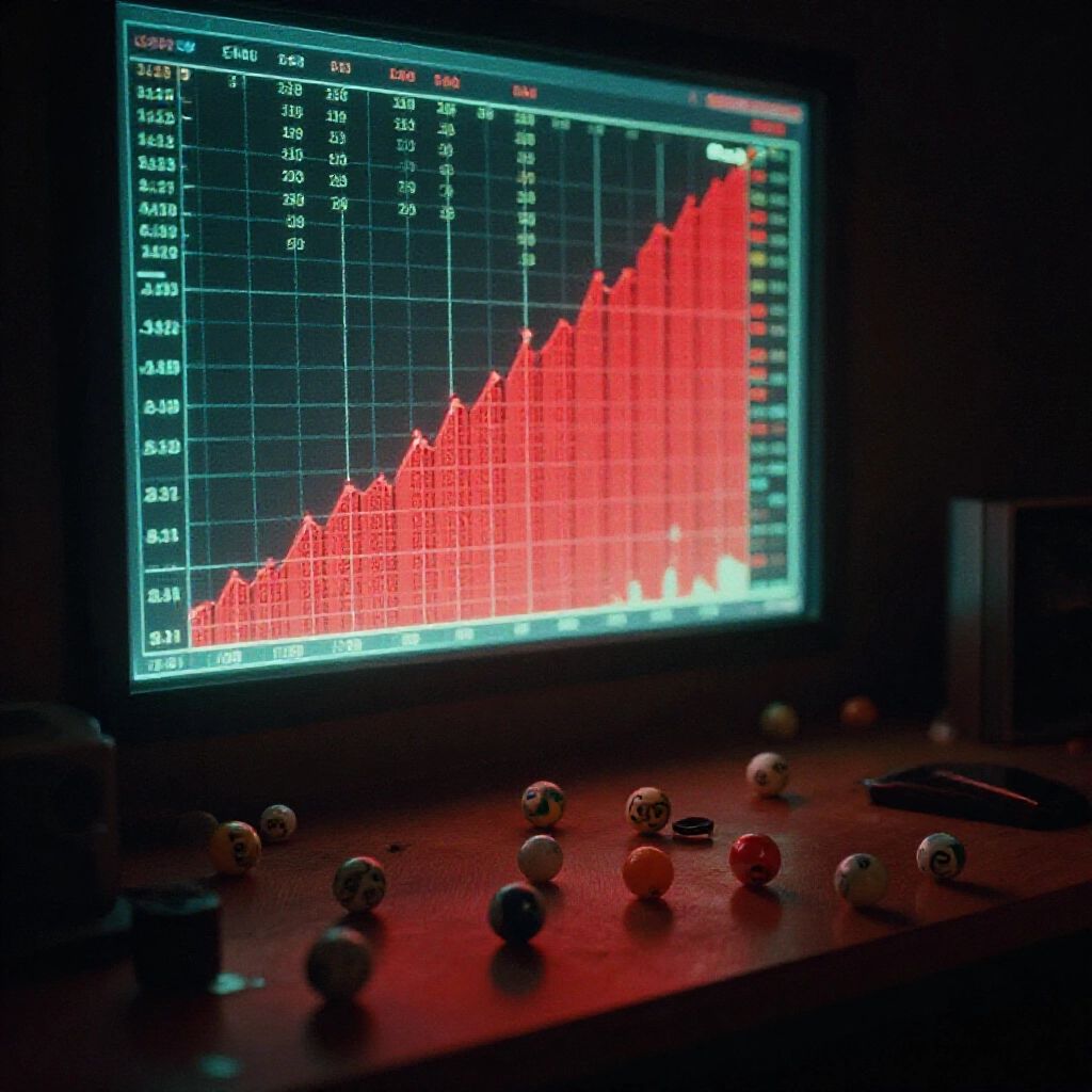 Dimly lit lottery analysis room with glowing charts of omission numbers rising bars in red for cold streaks scattered lottery balls on desk soft shadows evoking data mystery and anticipation