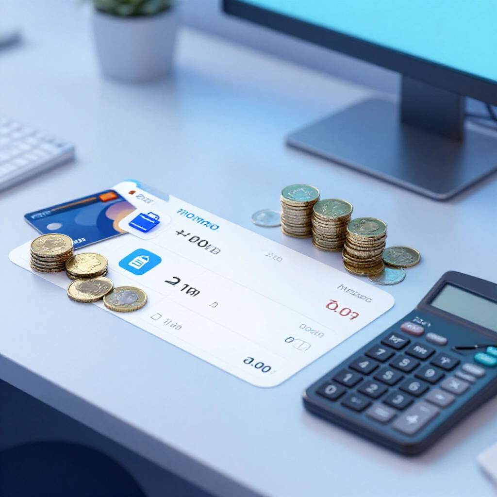 現代辦公桌上簡潔的比較圖表,旁邊有 momo 和 mycard 等購物 app 圖示、堆疊的台灣幣與顯示價值差異的計算機,柔和藍色辦公燈光