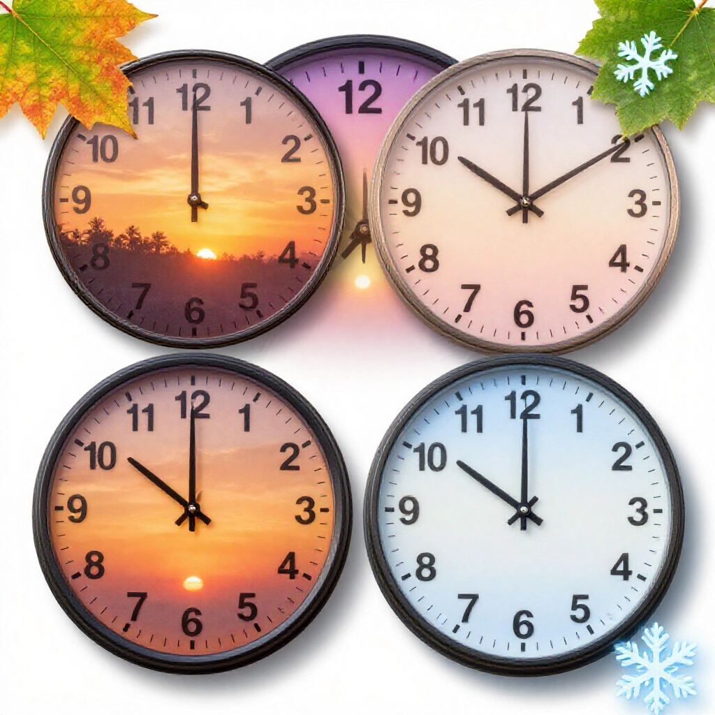 dual clock faces one showing california pacific time sunset at 630 pm another taiwan morning sunrise at 930 am flanked by summer leaf and winter snow icons illustrating time zone shifts