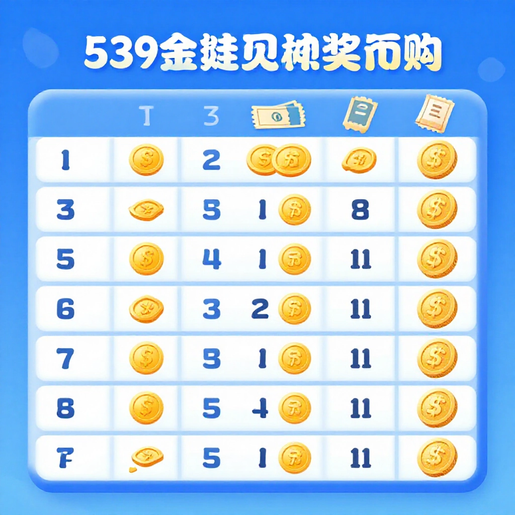 今彩539獎金等級圖表，從中2個到5個號碼，清楚標註300元參獎，藍底簡單設計配上鈔票和彩券圖示