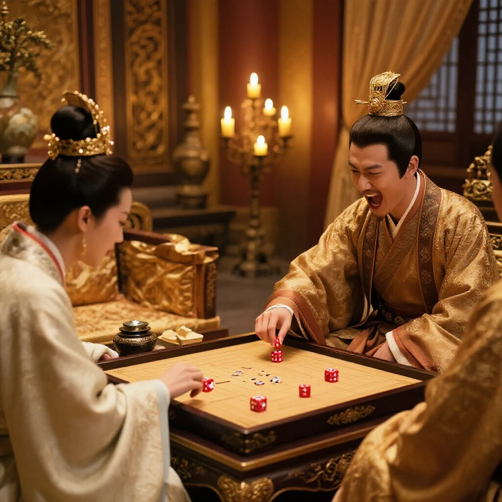 古中國皇帝與妃子玩骰遊戲，紅四點顯眼，金宮燭光映勝負一刻，周遭絲袍華家具