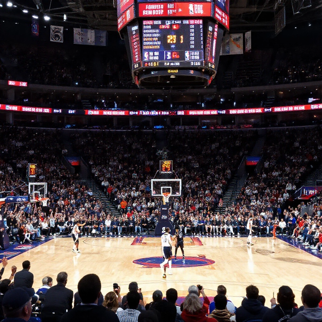 熱鬧的NBA籃球場館，球迷興奮，兩隊激戰，計分板顯示強隊讓分負號與弱隊正號，視覺平衡投注