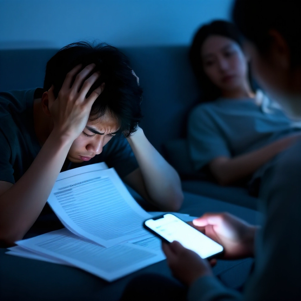 昏暗房間中壓力山大的玩家埋在信用卡債務文件堆裡，旁邊平靜身影管理著手機螢幕上的現金餘額，柔和藍色霓虹燈光傳達安心與掌控感