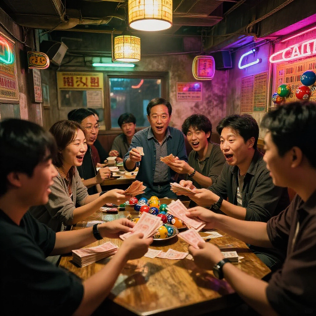 台灣地下投注場所，昏暗燈光中興奮玩家遞交厚厚現金給莊家，周圍彩色樂透球與霓虹燈牌營造緊張熱鬧氛圍
