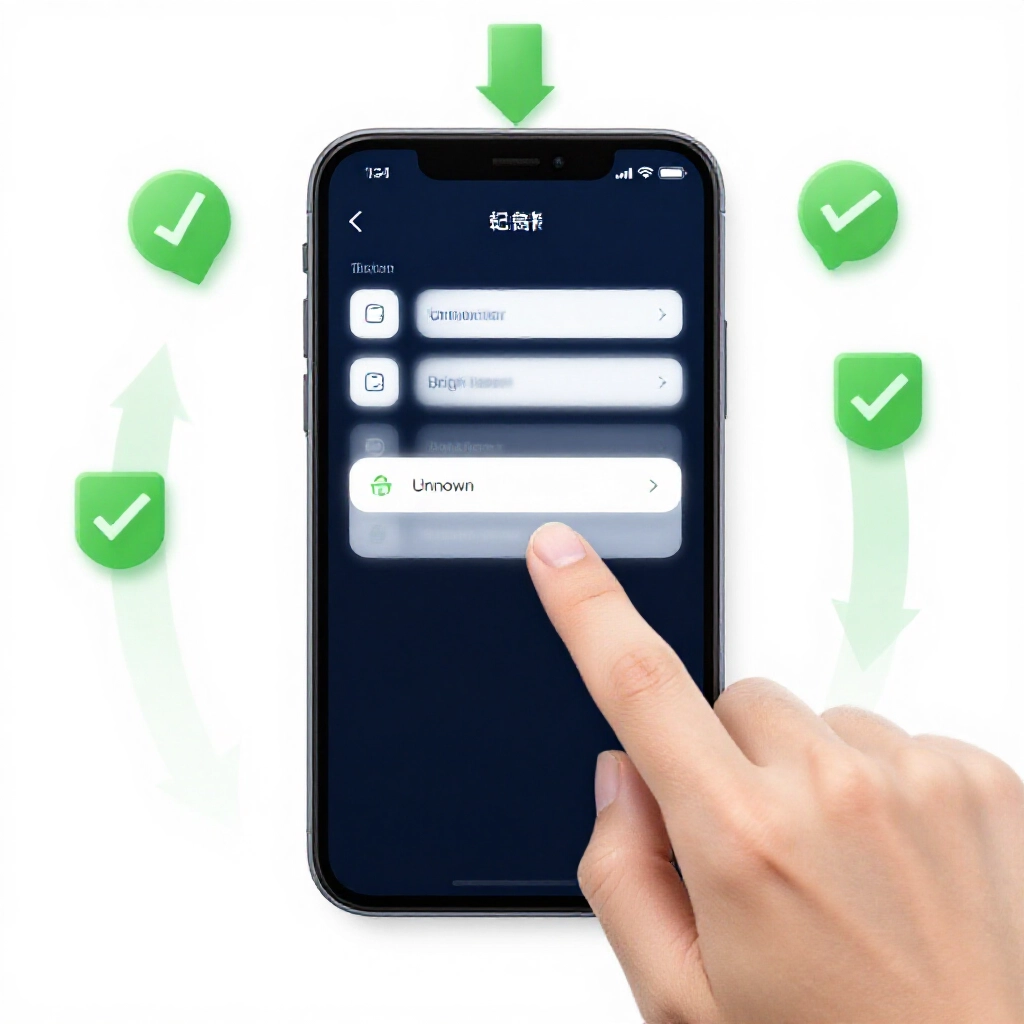 Android 安裝步驟,手指點選未知來源權限,明亮設定選單周圍有安全下載箭頭與綠色勾勾