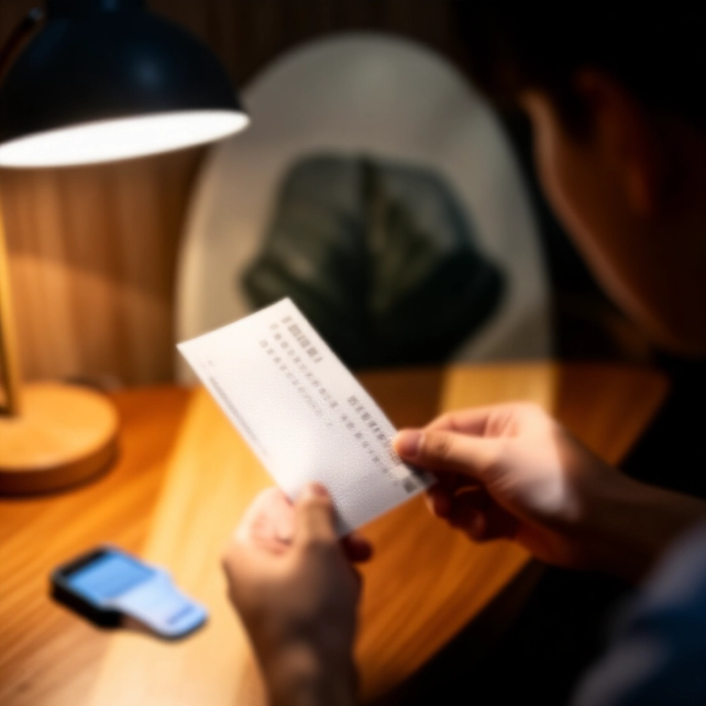 室內人士手持刮開彩券,困惑表情檢查代碼,手機掃描器旁,燈光柔和木桌背景