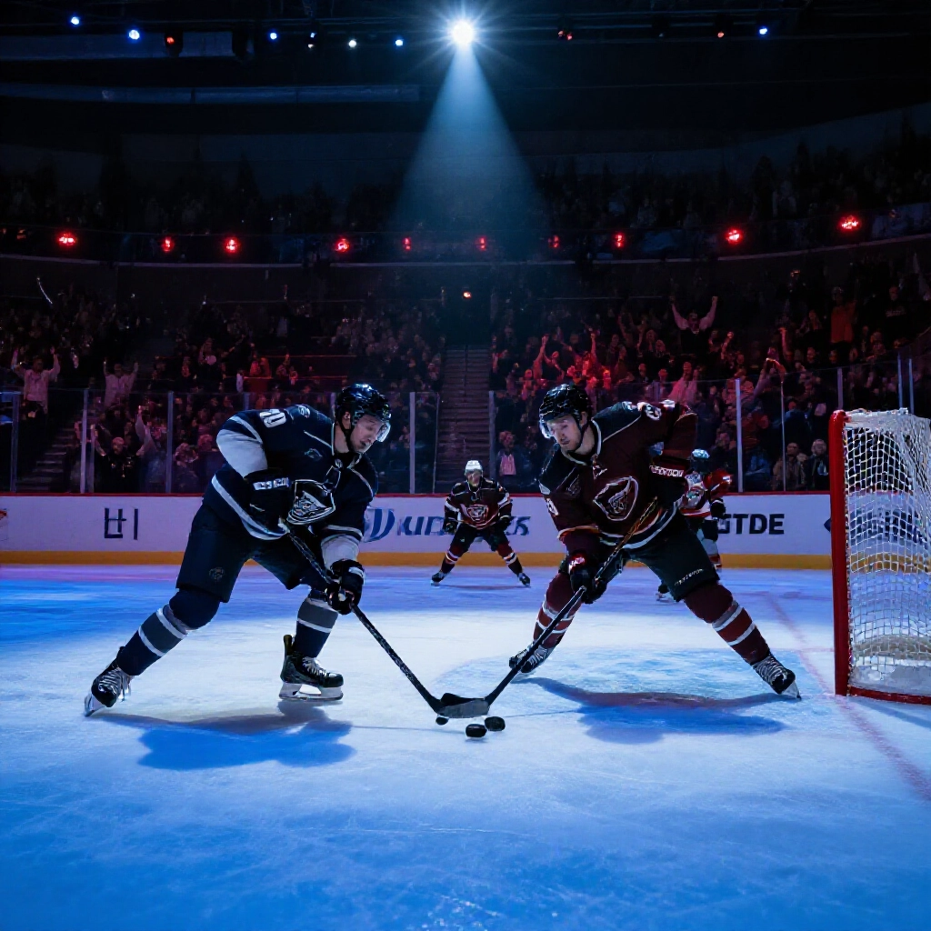 緊張的NHL冰球延長賽場面，球員在閃亮的藍色冰面上激烈爭奪冰壺，競技館聚光燈照耀，觀眾興奮歡呼紅色燈光閃爍