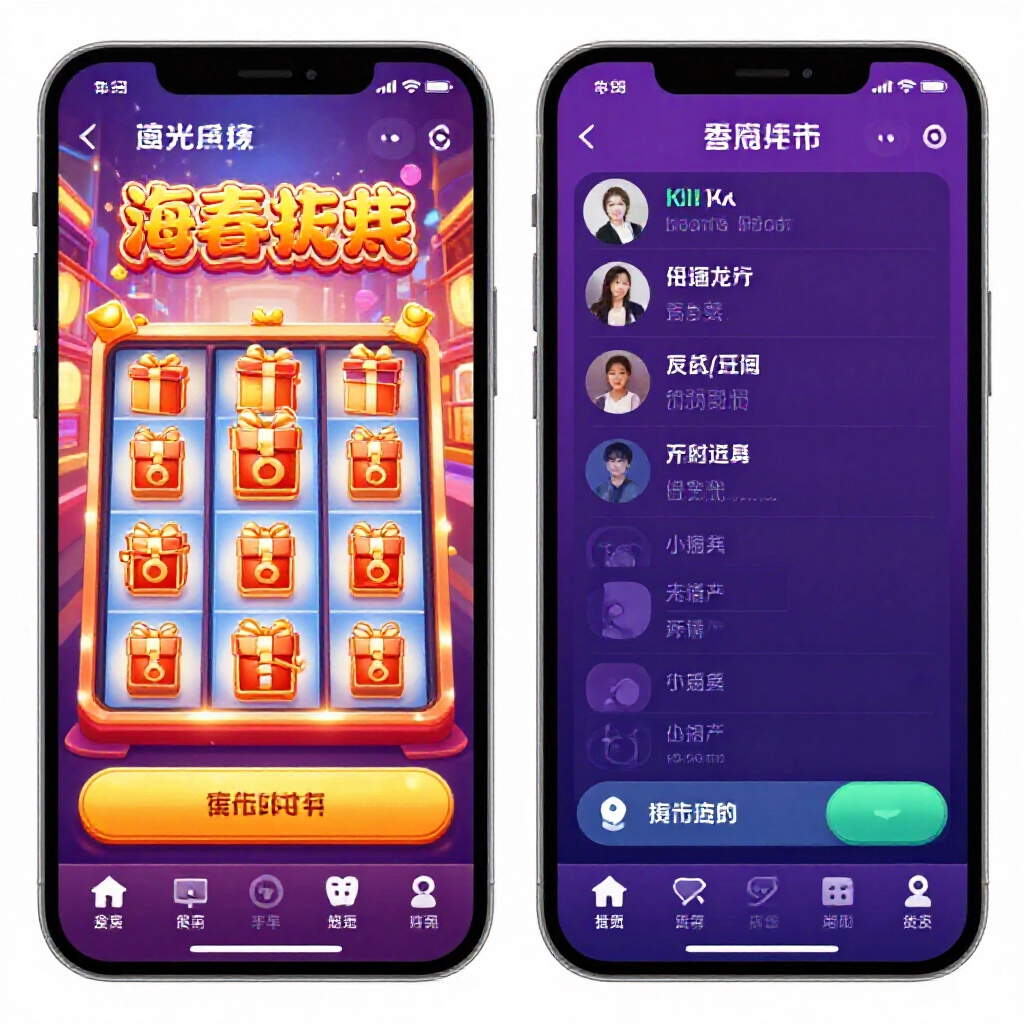 社群老虎機App畫面並列顯示禮包與專業平台排行榜活躍用戶台灣夜市風格鮮豔色彩