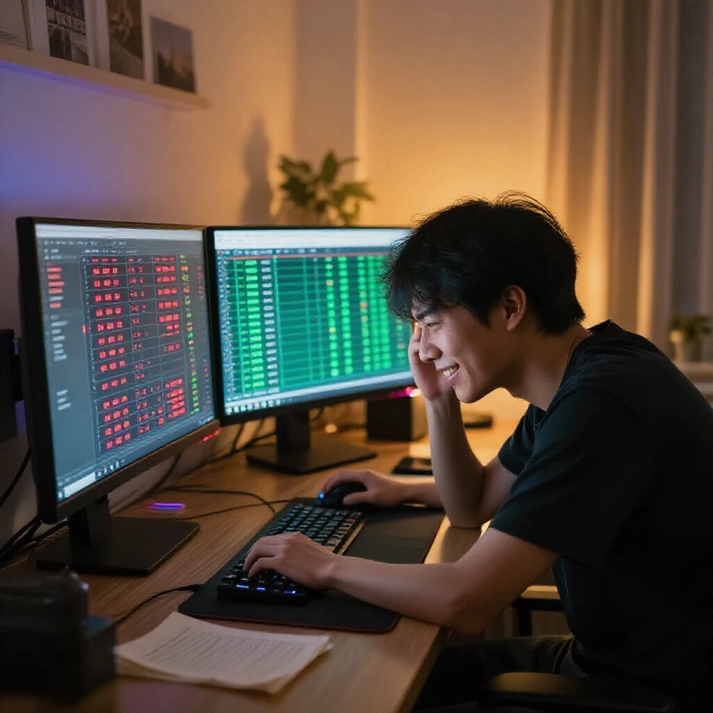 台灣玩家從信用板紅色虧損警報轉向現金板綠色餘額的壓力釋放，溫暖燈光下專注螢幕