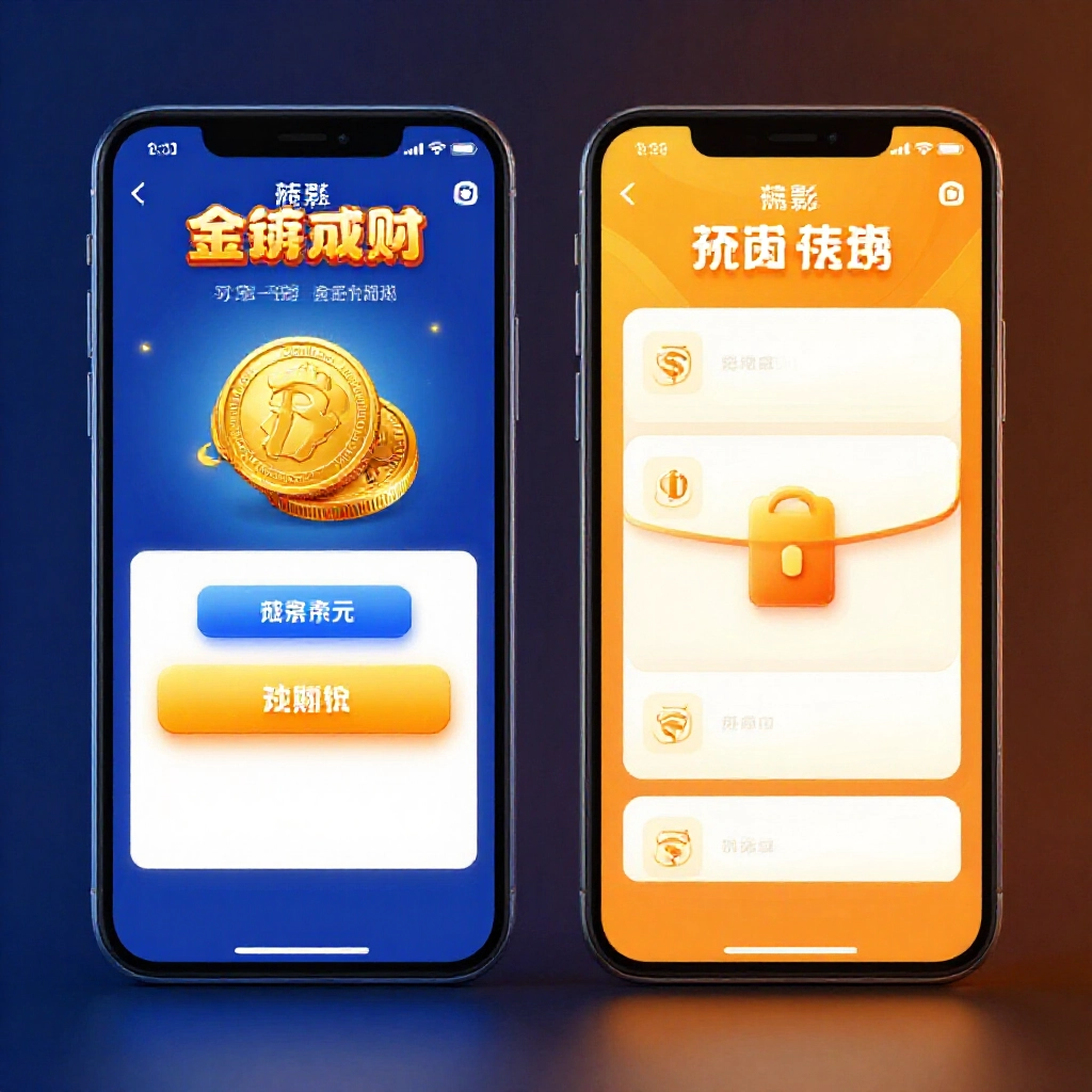 兩支智慧型手機並排，一支顯示幣商遊戲簡易支付介面，另一支現金版顯示鎖定帳戶，冷藍對比暖橙戲劇性光影，細節豐富的 App 畫面