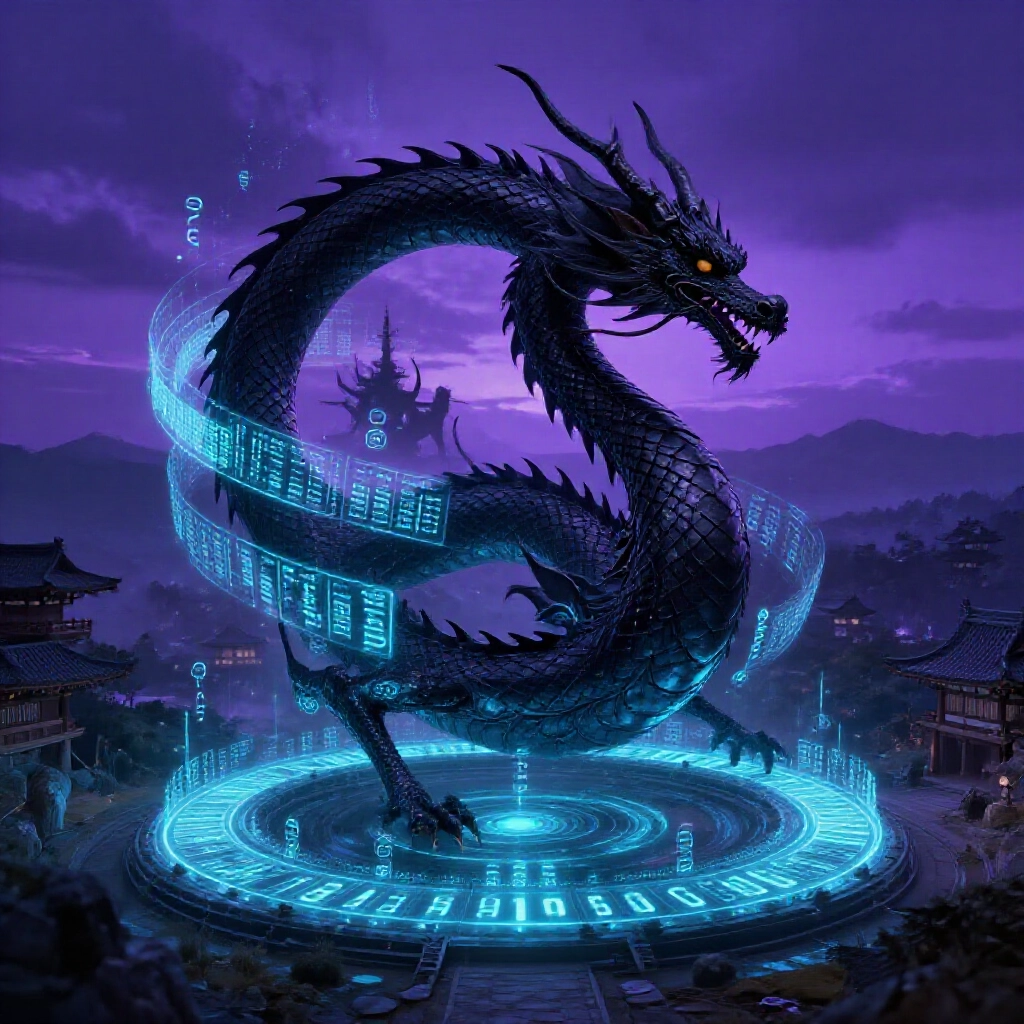 神秘黑龍盤繞發光的數位演算法週期,象徵吐分週期,古九州景觀在戲劇性暮光紫調中飄浮符文符號