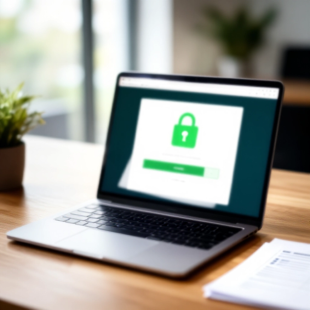 時尚筆電瀏覽器顯示綠色 SSL 鎖頭圖示與官方登入表單,木桌旁安全檢查清單圖示,可信專業辦公環境,自然日光