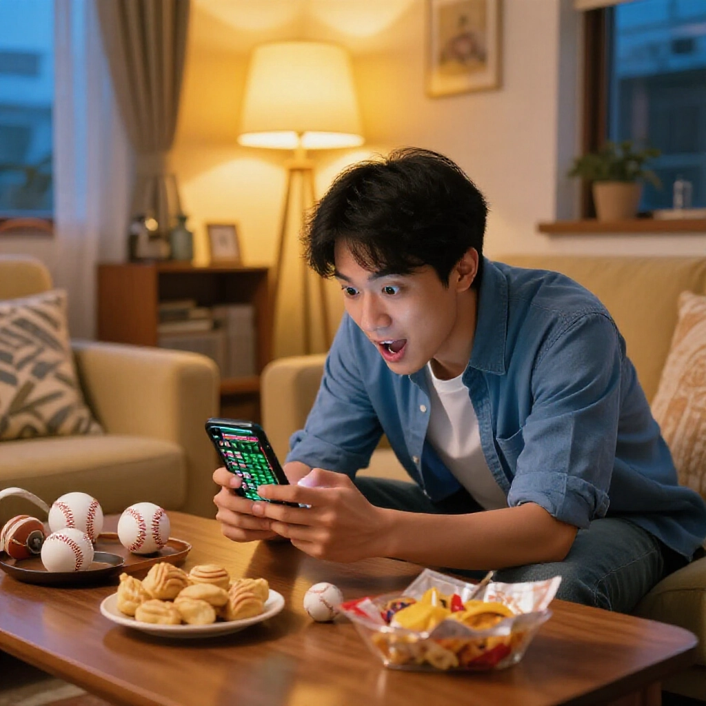 台灣客廳黃昏時分，年輕男子興奮盯著手機上的運彩賠率，旁邊擺滿棒球紀念品與零食