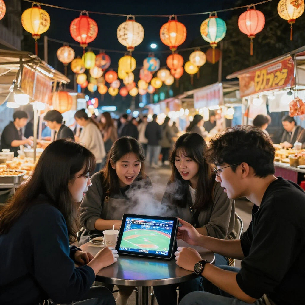台灣夜市攤位下，一群朋友熱烈討論讓分盤口，平板顯示棒球賽事，旁邊美食熱氣騰騰