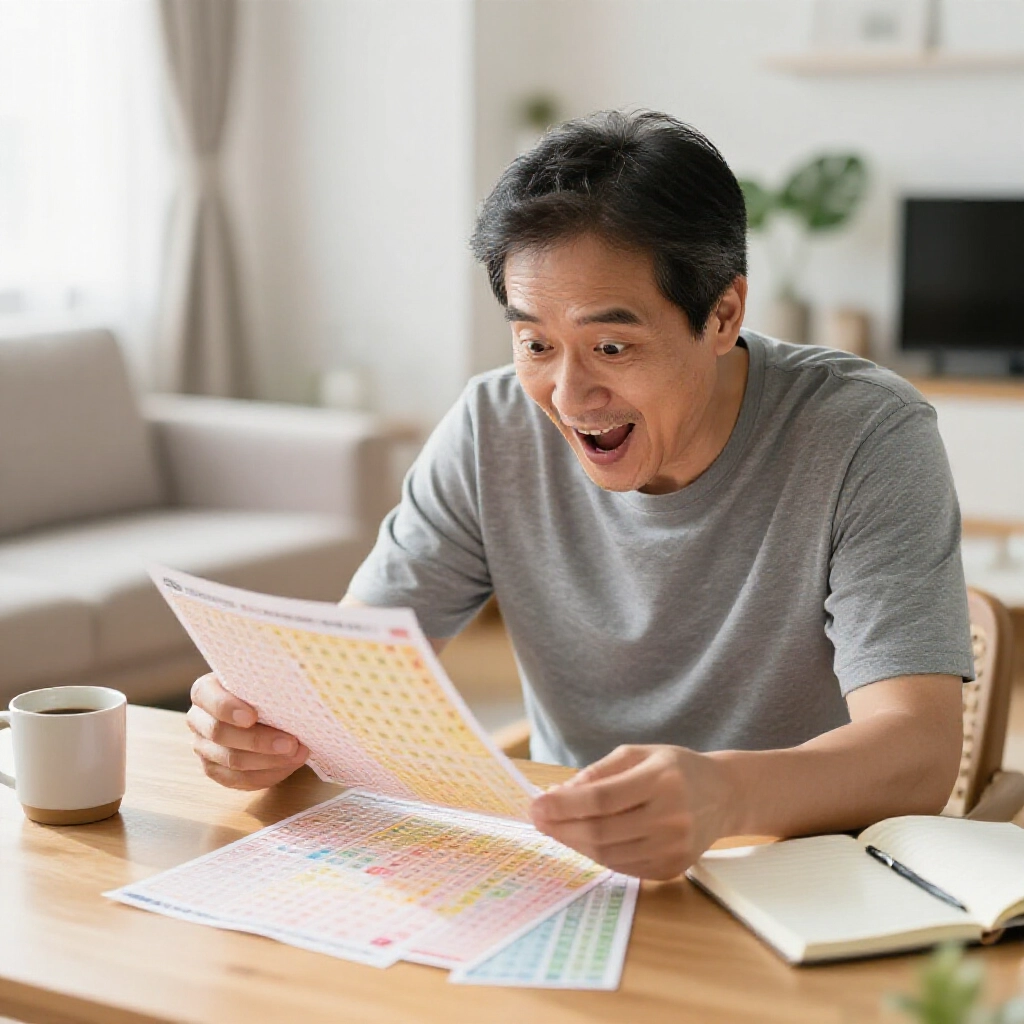 中年台灣男子在明亮客廳晨光中興奮比對彩券走勢圖與彩票，旁邊有咖啡杯和筆記本