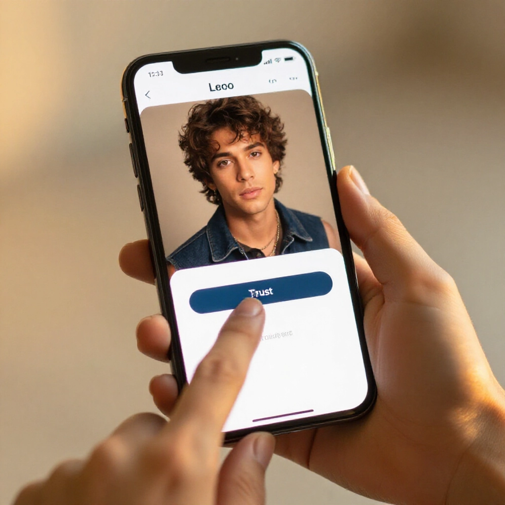 手持智慧型手機螢幕顯示 LEO App 登入介面,手指指向信任按鈕,明亮行動 UI,暖金色強調,逼真裝置陰影