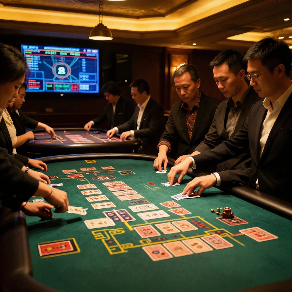 燈光昏暗的豪華賭場房間，百家樂桌散落牌張與路單，螢幕顯示 AI 預測，亞洲玩家專注分析牌靴，暖琥珀燈光
