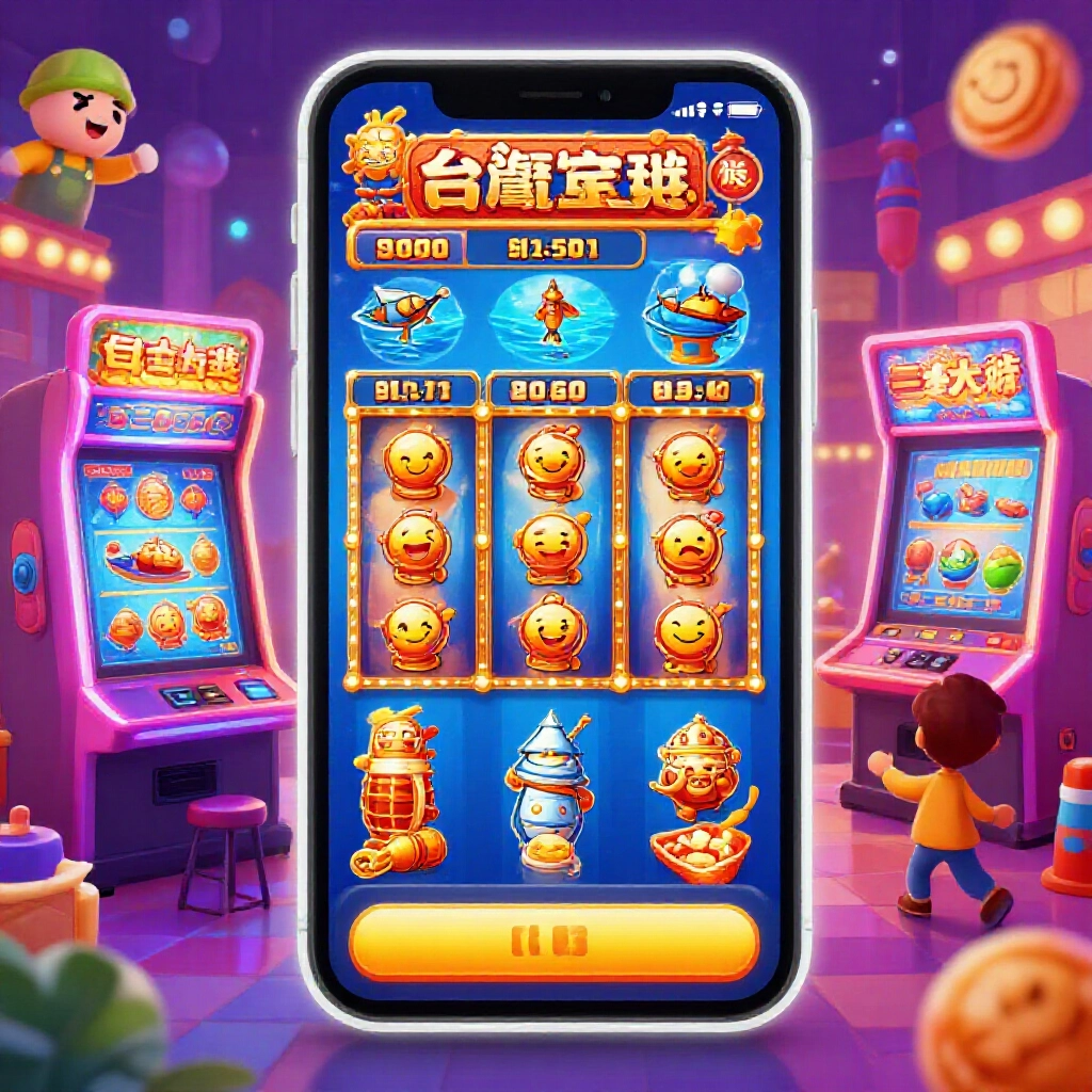 充滿活力的手機娛樂城 App 介面，閃耀彩色老虎機、捕魚遊戲及台灣夜市主題圖示，明亮霓虹燈光、流暢動畫與興奮玩家頭像