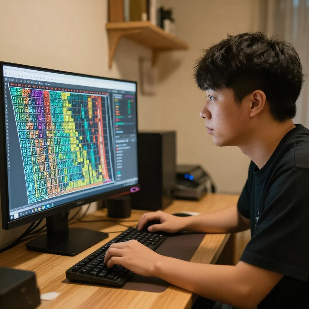 台灣玩家在舒適家辦公室專注分析電腦螢幕上的彩色版路圖表,顯示熱門冷門號碼與拖牌模式,以及資料視覺化