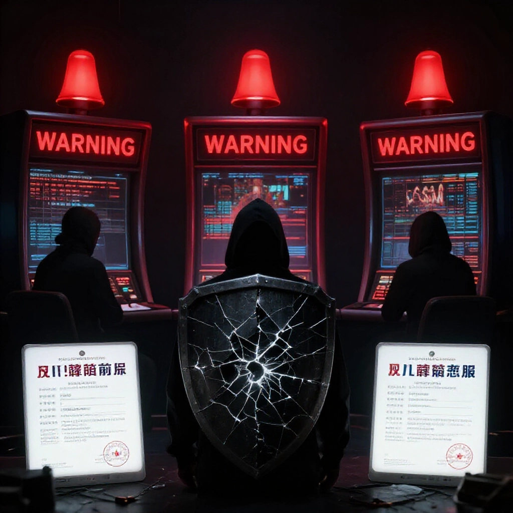 暗網警告場景，紅色警報標誌、假賭場外觀、破裂護盾、陰影詐騙者與明亮合法執照徽章強烈對比