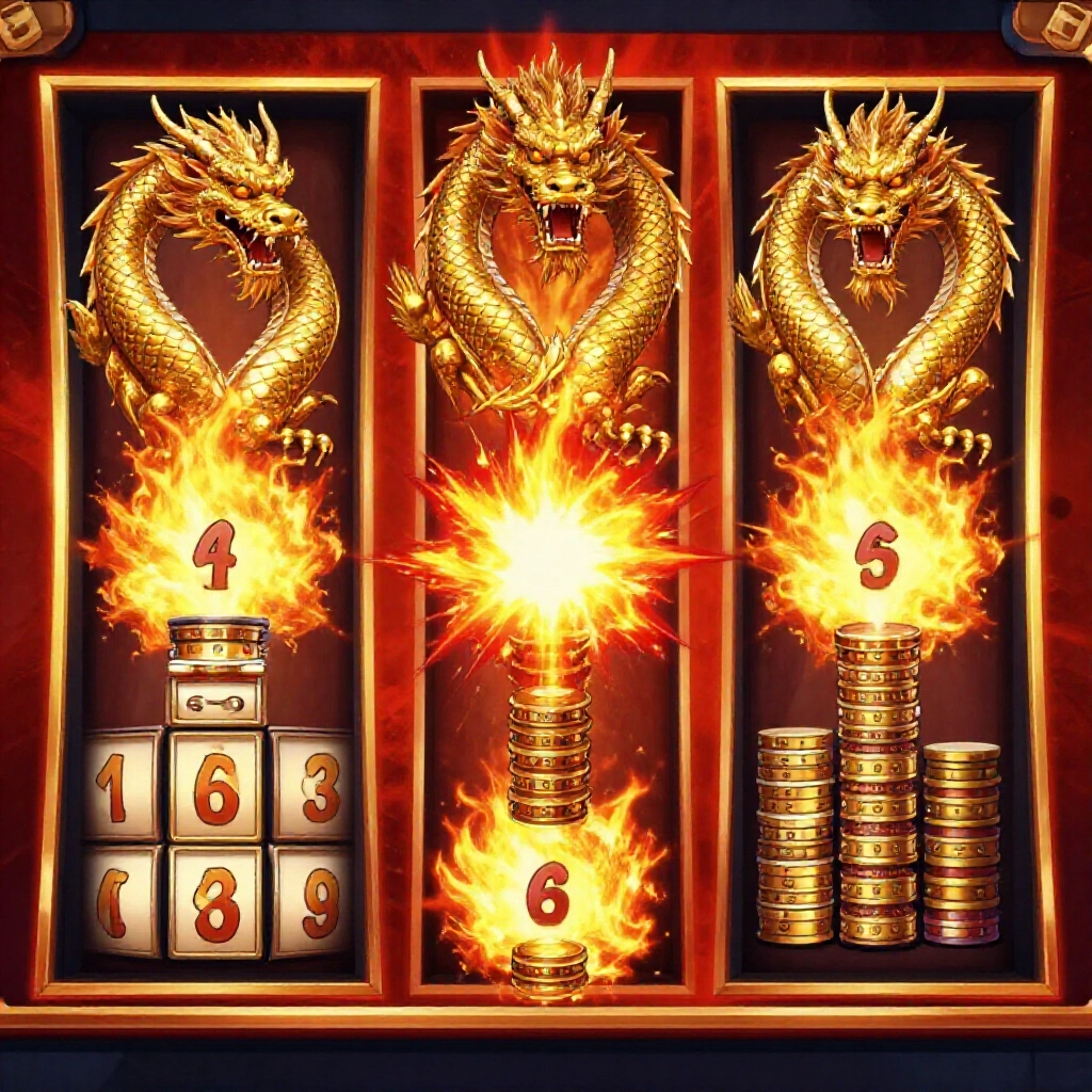 激烈遊戲介面顯示小額投注序列轉輪,三龍匯聚免費遊戲模式火爆倍數堆疊,鮮豔紅金色調