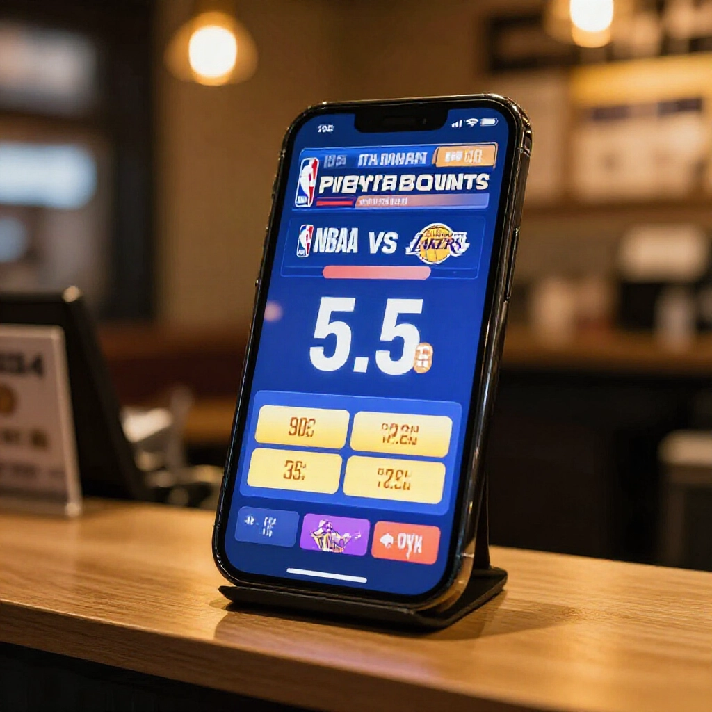 台灣投注站櫃檯,智慧型手機螢幕顯示NBA勇士對湖人讓分5.5分投注,在溫暖室內燈光下