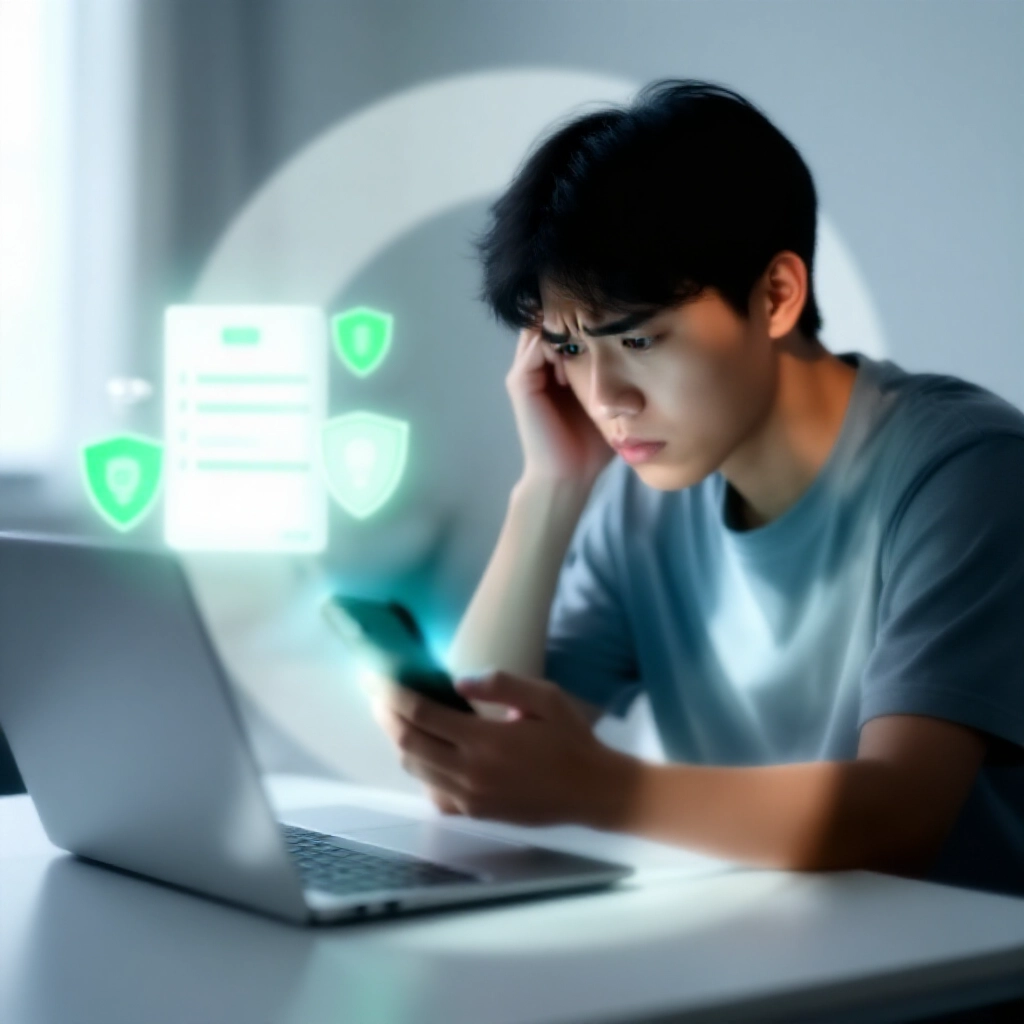 台灣年輕用戶檢查手機銀行App凍結警示，旁邊筆電顯示KYC驗證步驟與預防清單，清新晨光安全氛圍