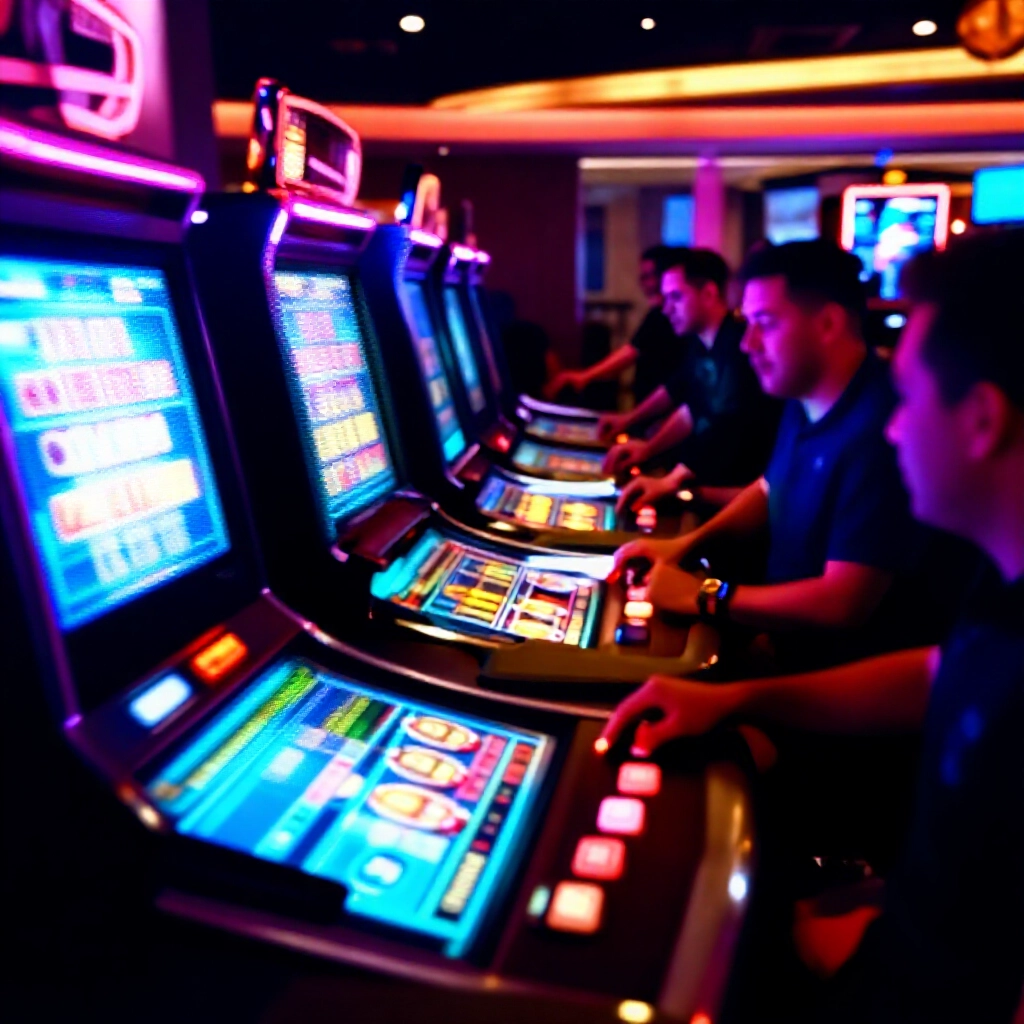 賭場內電子遊戲桌熱鬧景象，螢幕顯示最低注碼籌碼，玩家按鈕下注，現代昏暗氛圍
