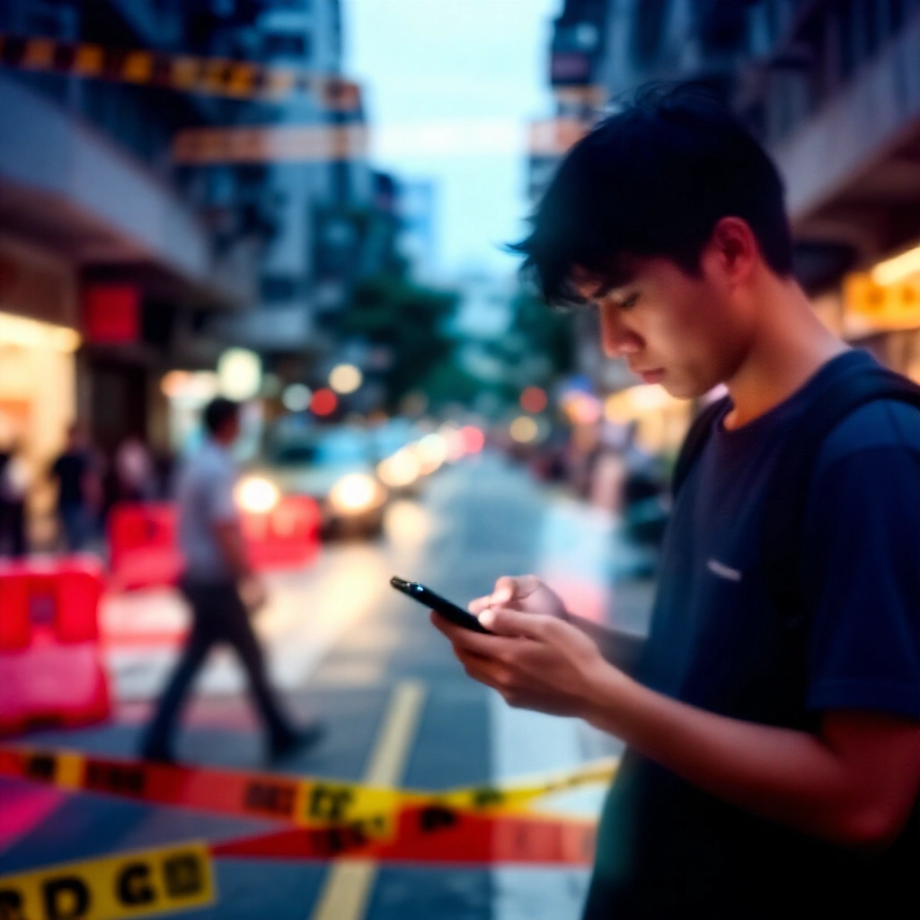 黃昏時分在台灣都市街頭緊張查看手機通知的玩家,疊加安全的 USDT 錢包轉帳順利通過紅色警示障礙與詐騙陷阱的視覺效果