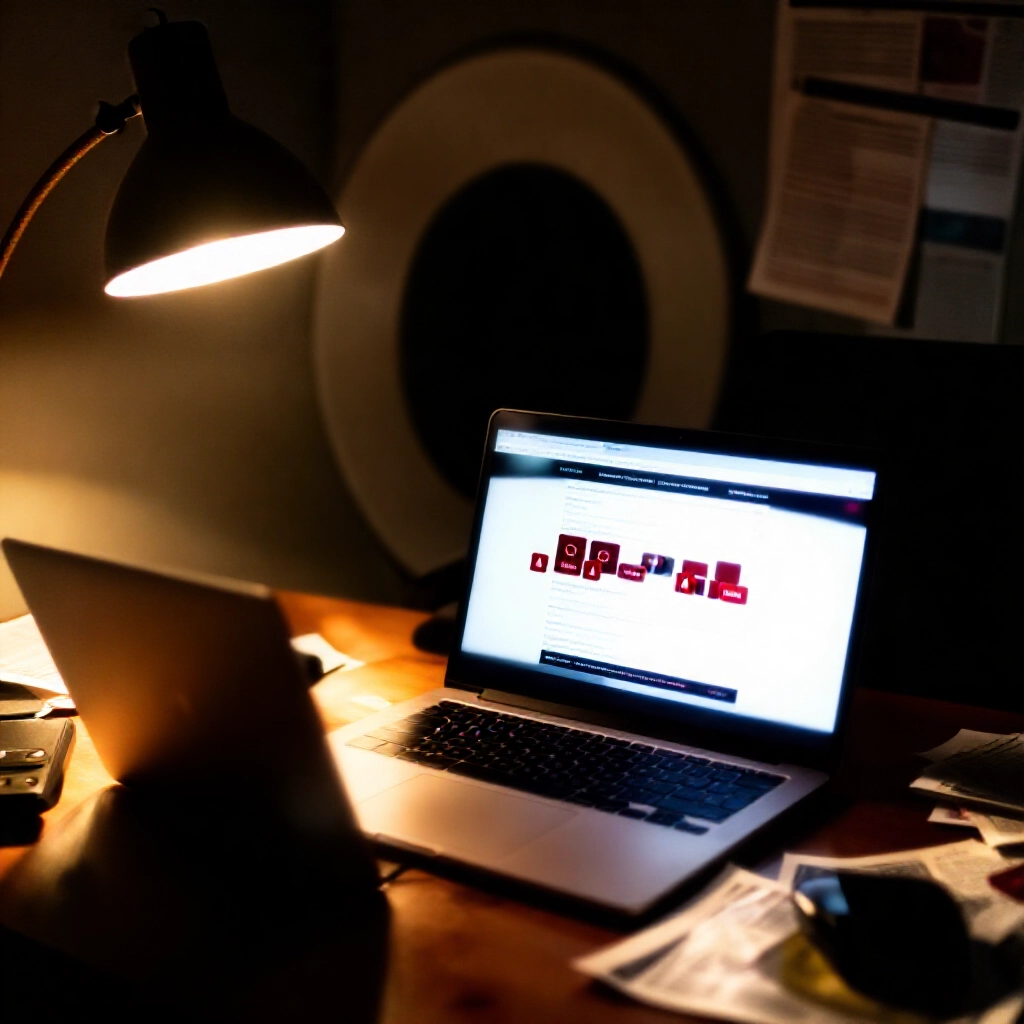 偵探在雜亂辦公桌前，暖燈光下檢查筆電顯示詐騙賭場網站，散落紅旗圖示與警告筆記