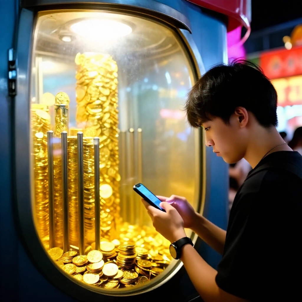 金幣在鎖定透明保險庫中閃耀,高聳屏障環繞,年輕台灣玩家在熱鬧夜市中凝視手機螢幕