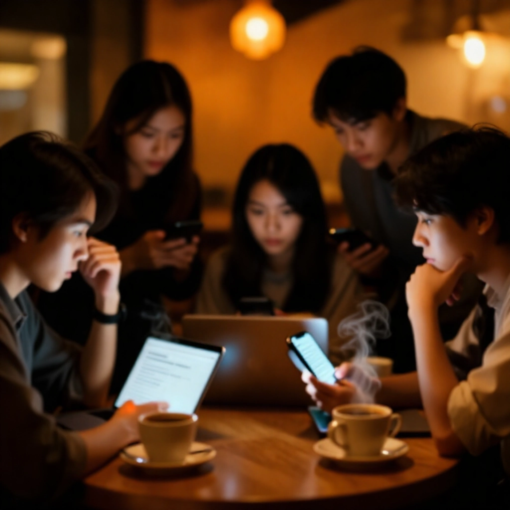 舒適夜間咖啡廳,年輕台灣人圍繞智慧型手機與筆電熱烈討論論壇貼文,木桌熱騰騰咖啡,柔和橘光,辯論與謹慎表情