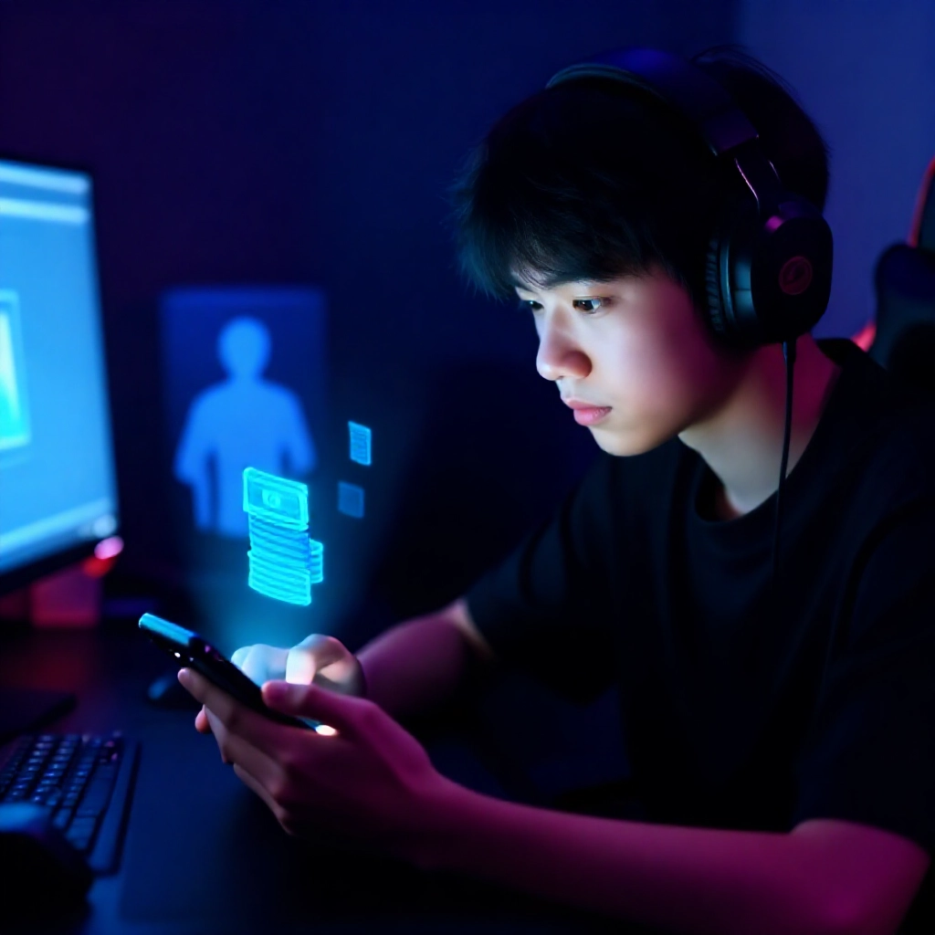 好奇的年輕台灣玩家在昏暗房間專注盯著顯示信用投注介面的手機畫面,周圍浮現虛擬金錢堆疊與代理人影
