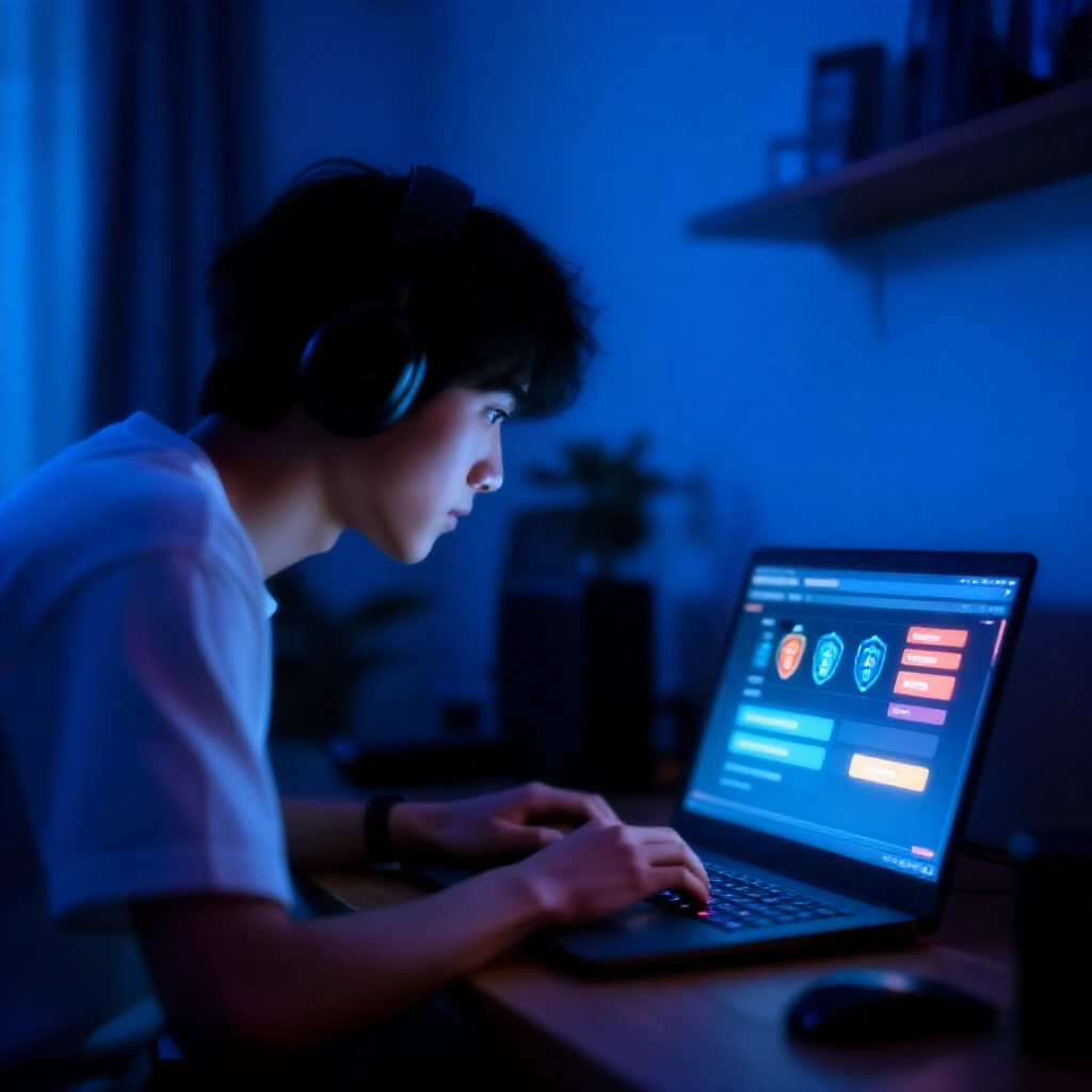年輕玩家在舒適台灣臥室夜晚小心查看線上娛樂城螢幕，顯示安全徽章與出金選項