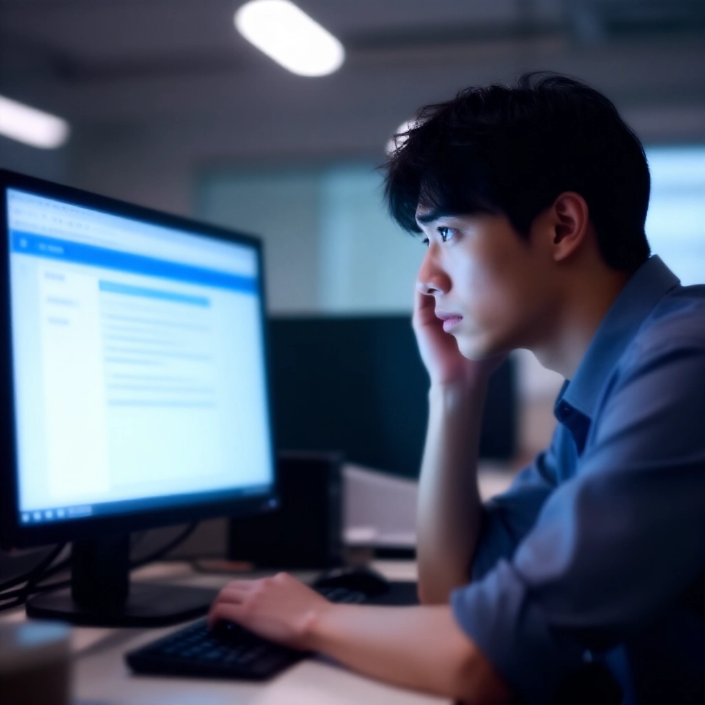 台灣年輕上班族緊張盯著顯示銀行警示與法律文件的電腦螢幕,營造嚴峻燈光下的調查與憂慮氛圍