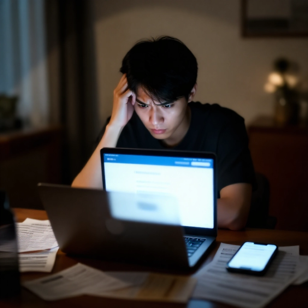 焦慮的年輕男子在台灣現代公寓中,筆電螢幕光芒昏暗照亮,盯著提款待處理通知,周圍散落投注筆記和顯示銀行 App 的智慧手機