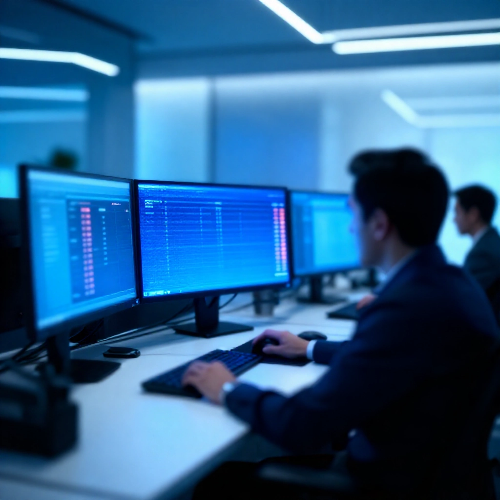 時尚現代辦公室中，分析師專注審視顯示線上賭場排名圖表與安全指標的發光螢幕，柔和藍色環境燈光營造專業氛圍
