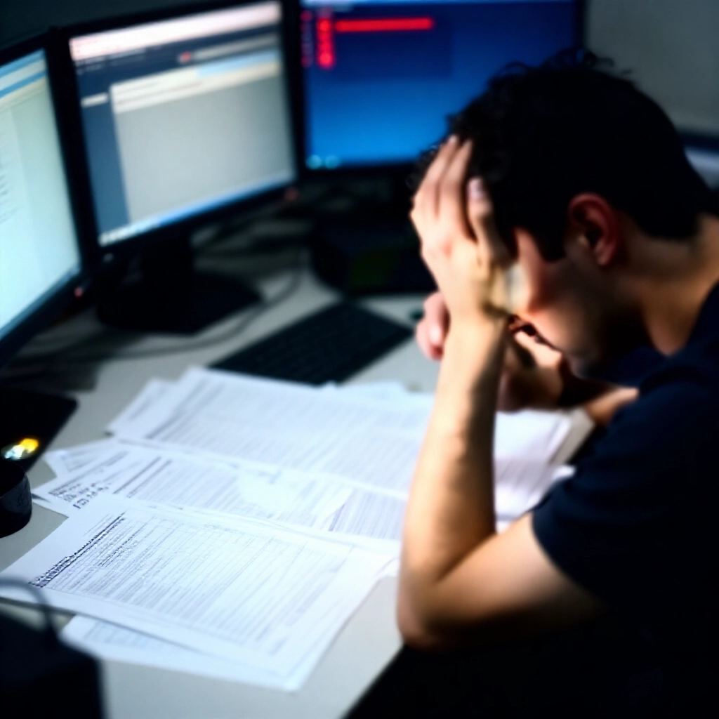 焦慮的玩家周圍散落銀行對帳單與警方通知圖示,在刺眼螢光燈下的辦公桌,陰影強調擔憂表情,多個螢幕閃爍紅色警告警報
