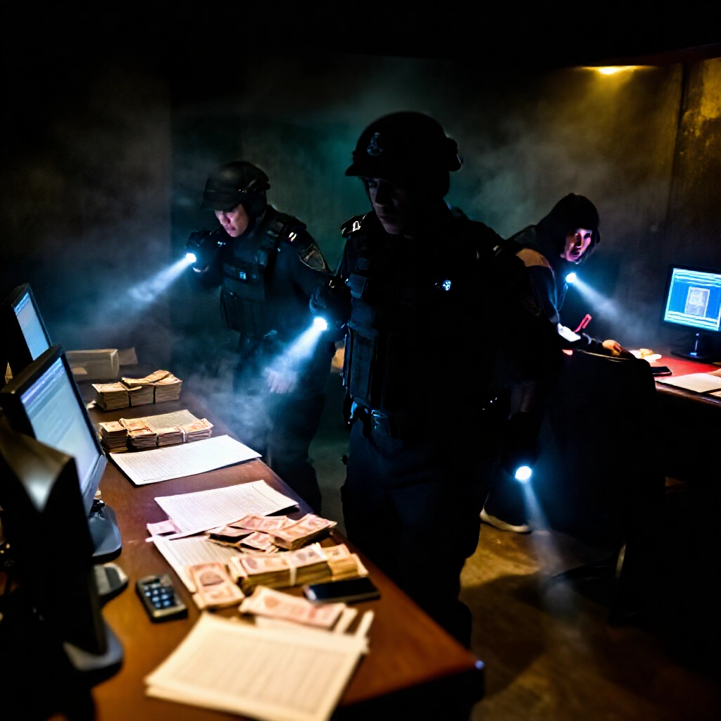 身著戰術裝備的警察衝進燈光昏暗的地下博弈機房,電腦螢幕閃爍、現金堆疊、手機與帳冊散落,緊張氛圍中嫌犯驚慌失措