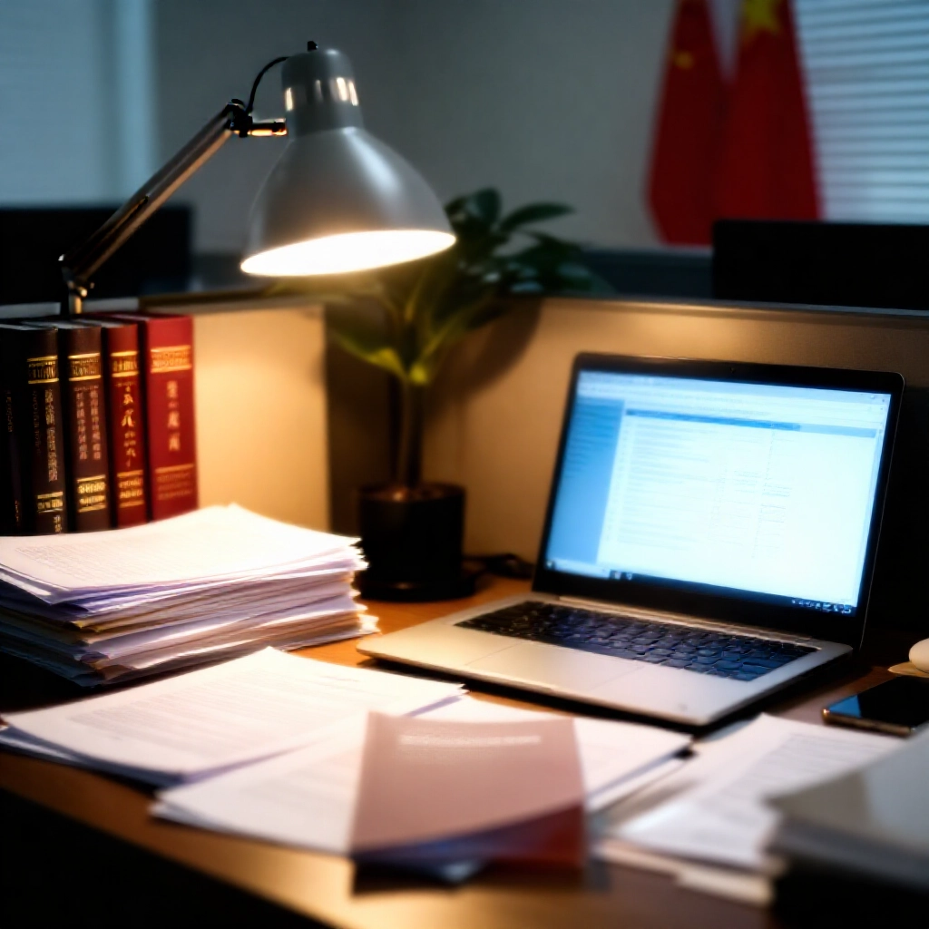 專業辦公桌堆滿法律文件與顯示風險圖表的筆電螢幕,專注暖光檯燈照射,台灣法律書籍與國旗模糊背景,嚴肅分析氛圍