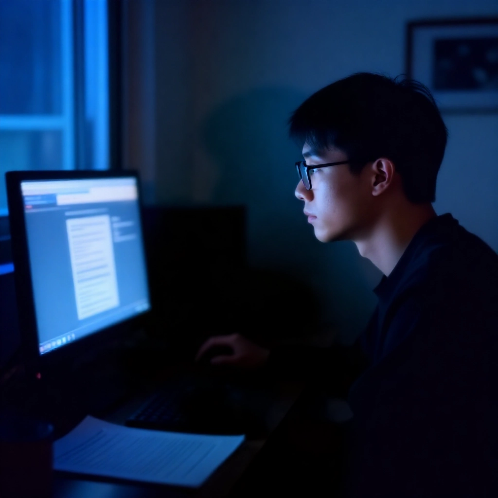 台北夜晚昏暗公寓,一名戴眼鏡的年輕台灣男子緊張盯著顯示模糊線上博弈介面的電腦螢幕,周圍散落陰影法律文件,藍色霓虹燈光投射焦慮陰影