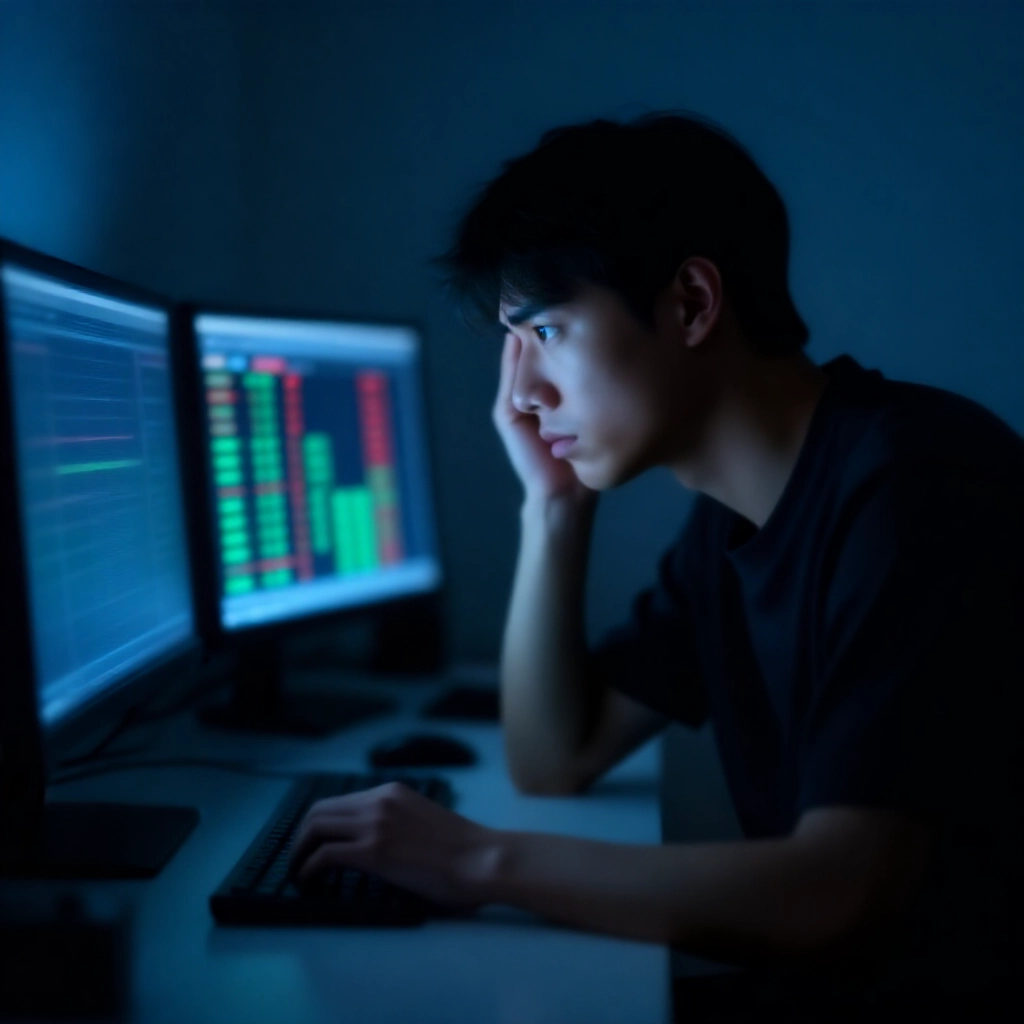 困惑的年輕台灣男子在昏暗房間俯身盯著顯示投注圖表與賠率曲線的電腦螢幕,綠紅高亮在藍光氛圍中